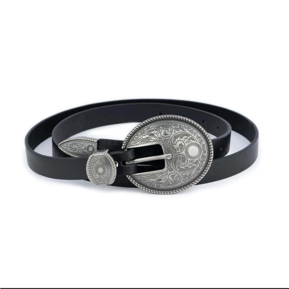VERA PELLE Western 1.5” Black Leather Round Engraved Silver Buckle Belt MED 35”
